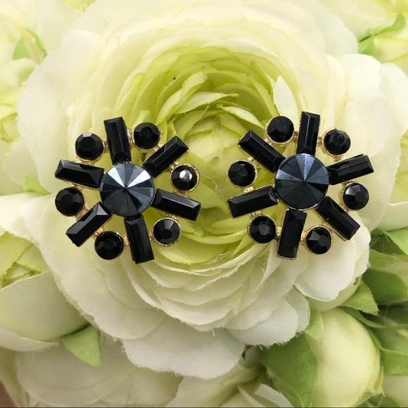 🍀 Black Flower Rhinestone Burst Stud Post Earrings - Picture 1 of 2